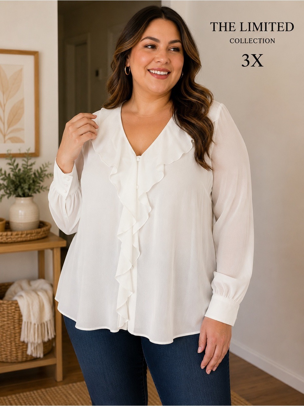 The Limited Collection 3X Ivory White Ruffle Blouse Plus Size NWT small flaw